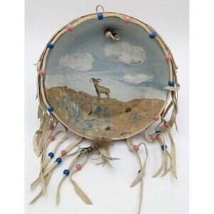 Southwestern Hand Painted Desert Ram Scene Clay Dish Wall Art Suede Beads Signed